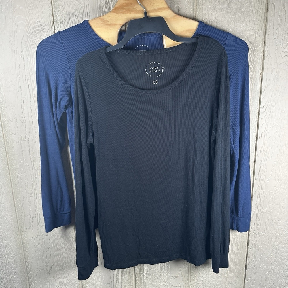 Cozy Earth Long Sleeve Ribbed TShirt Womens XS Black Blue Lot of 2 Bamboo